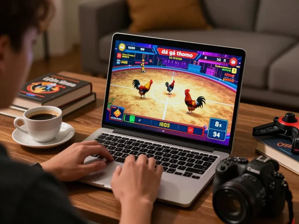 Engaging with Đá gà thomo live video on laptop for thrilling betting experience.