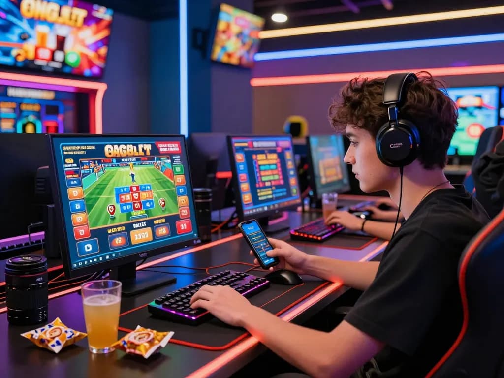 Engaged player enjoying SC88 đăng ký on a vibrant gaming setup with colorful graphics and dynamic lighting.