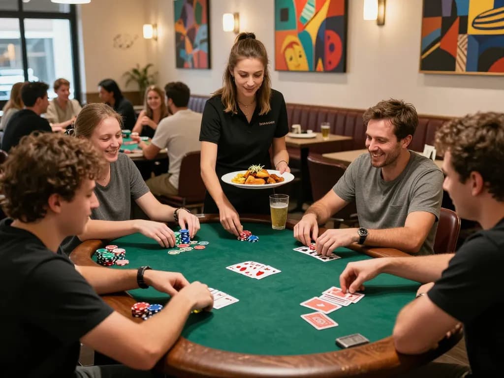 Exciting poker games at Pokerseri restaurant with players enjoying food and drinks.