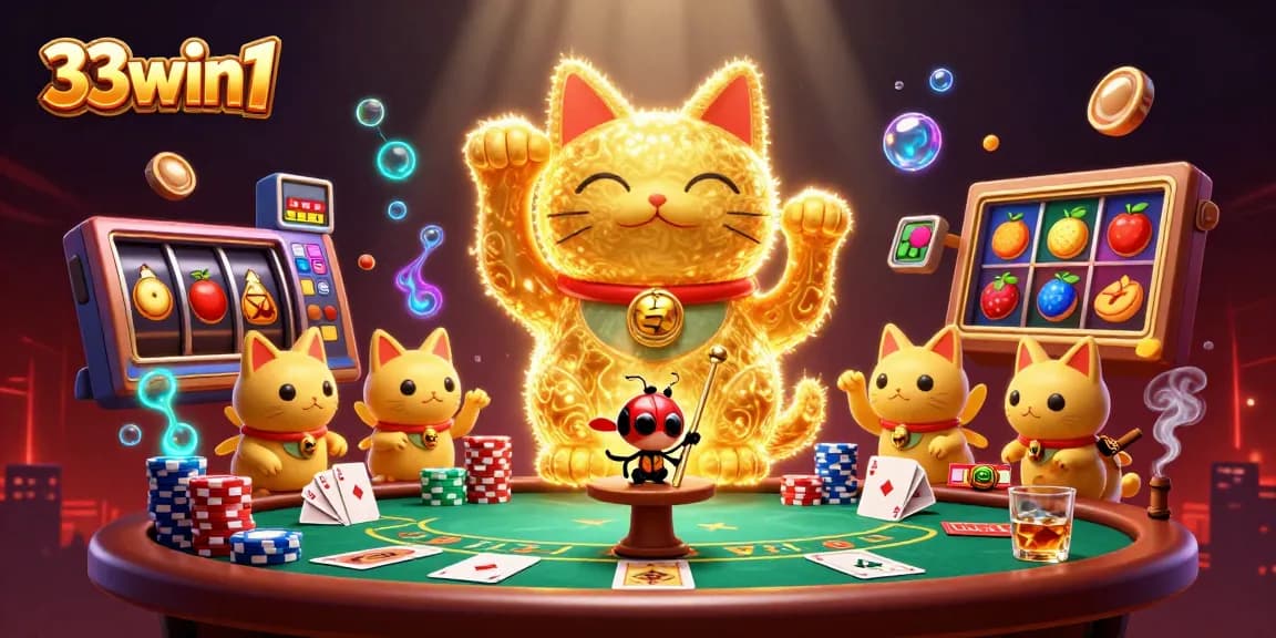 Gamblers enjoy exciting games at 33win1, featuring a lucky cat and vibrant casino elements.