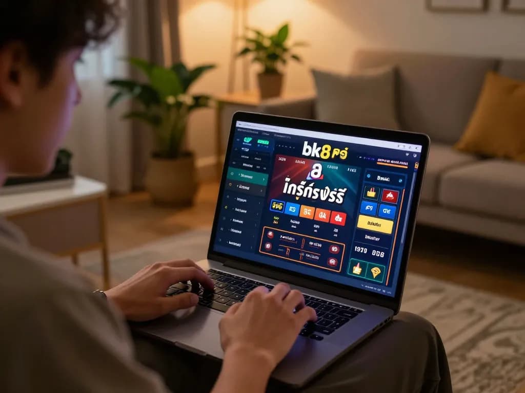 Player engaging in bk8 เครดิตฟรี online gaming from home, showcasing modern laptop interface in cozy setup