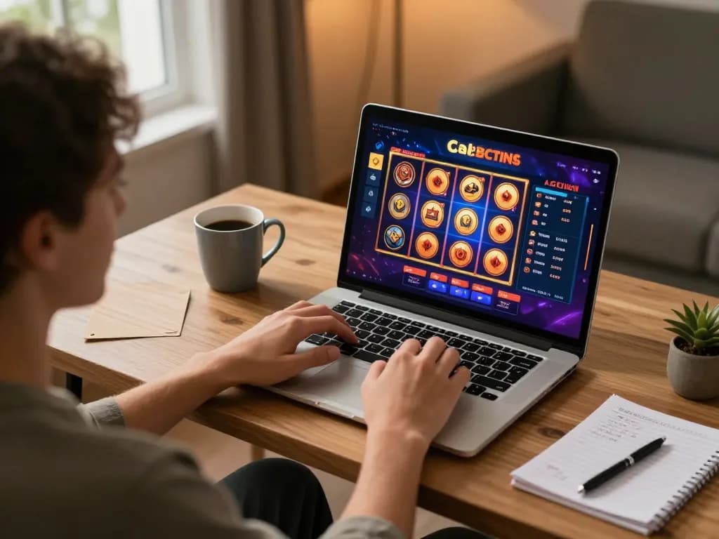 Engaging scene of a player enjoying betbet online casino on laptop with warm lighting.