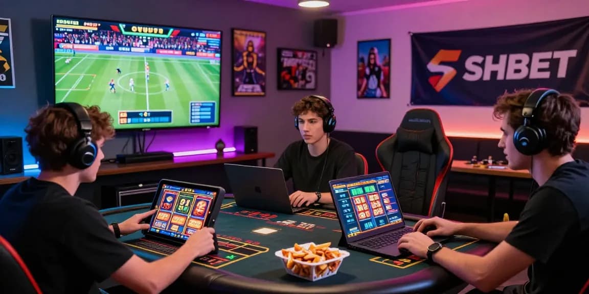 Engaged players enjoying SHBET gaming platform including sports betting and casino games in a lively setting.