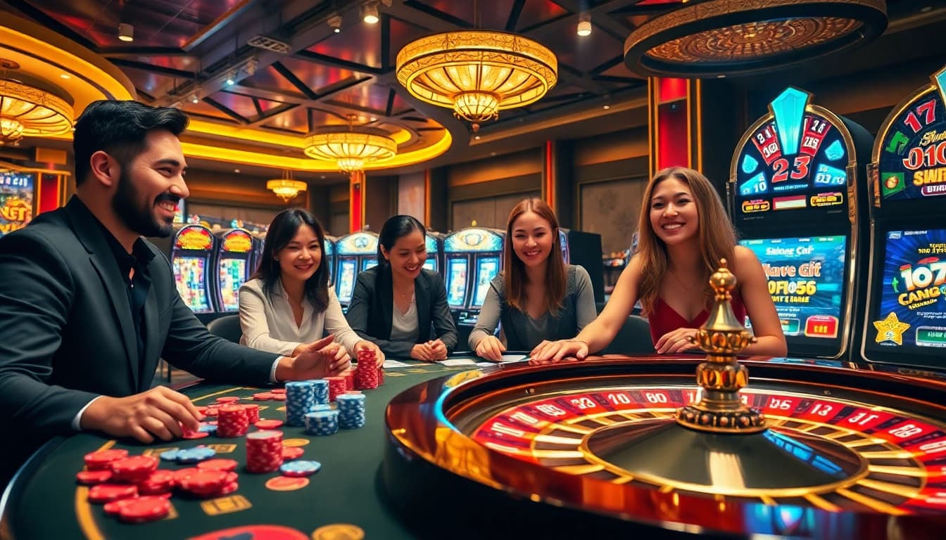 Nohu52 gaming experience with vibrant poker chips, roulette wheel, and slot machines in a luxurious casino environment.