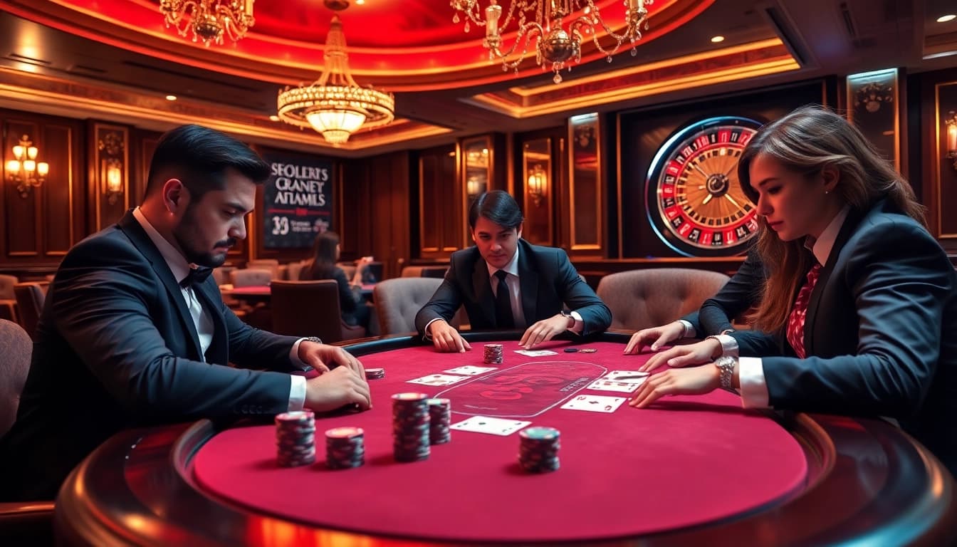 I9bet players engaged at a luxurious poker table in a vibrant casino scene.