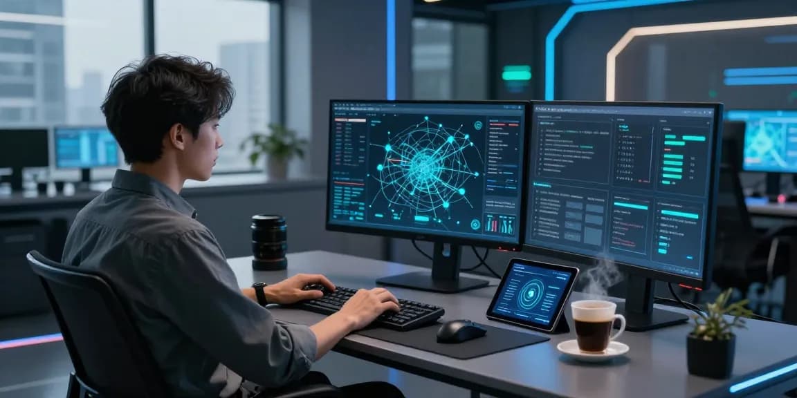 Cybersecurity analyst at a high-tech workspace monitoring threats on multiple screens at https://shs-dome5.com/.