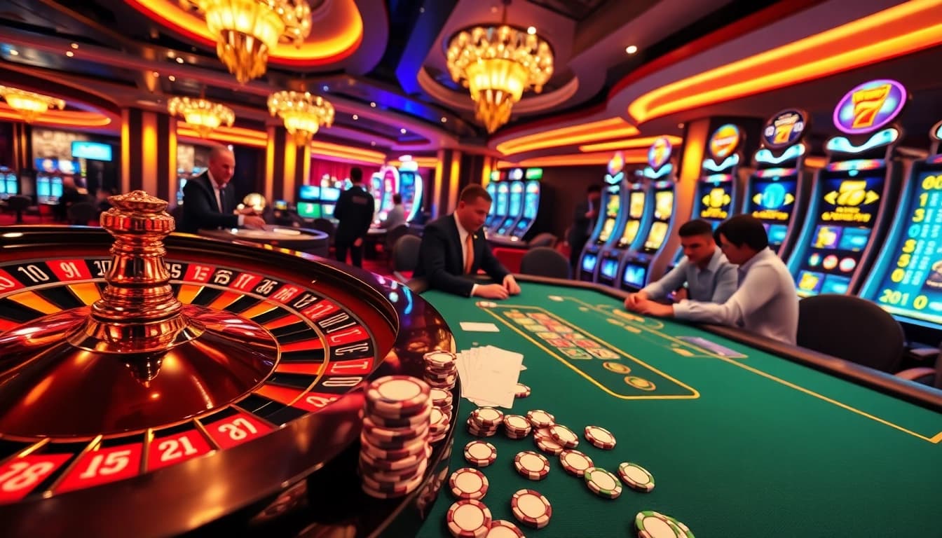 Experience thrilling gameplay at lodetructuyen with vibrant casino tables and roulette wheels.
