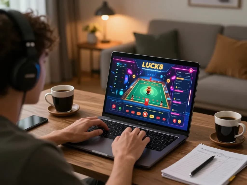 LUCK8 player engaging with exciting online casino game on laptop in modern home setting