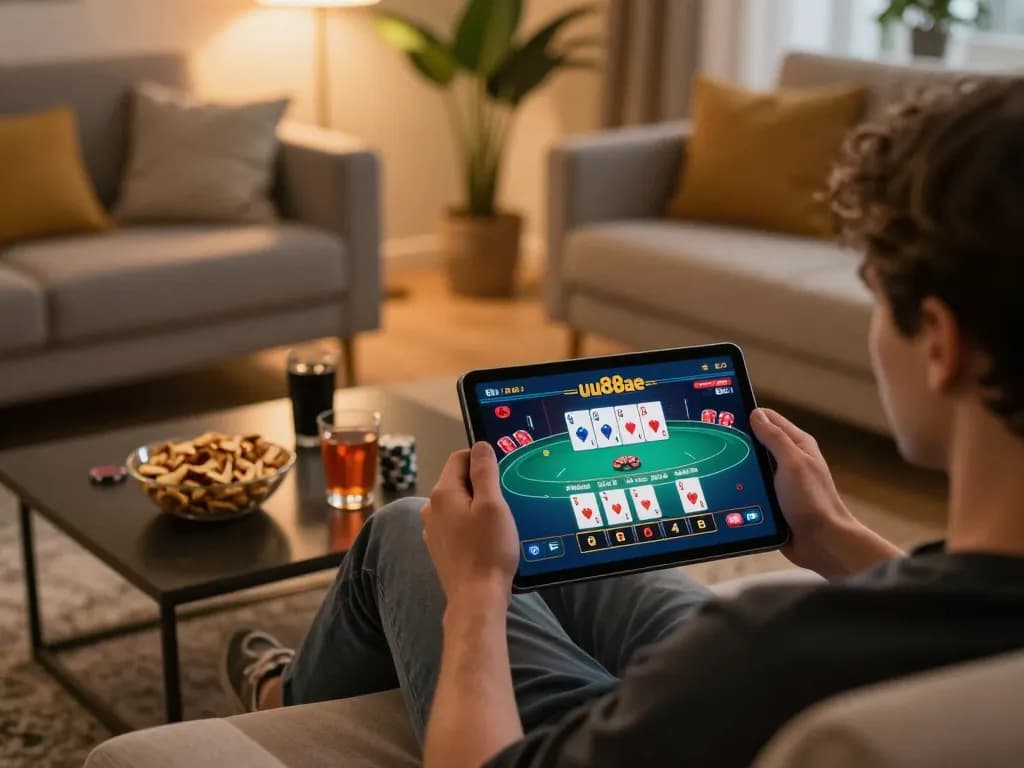 Enjoying a gaming session at uu88ae online casino, tablet displaying poker gameplay.