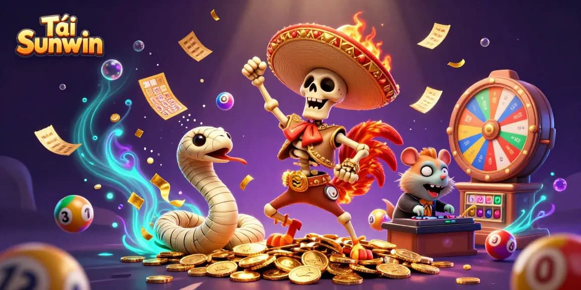 Experience Tải Sunwin's vibrant atmosphere with a colorful lottery explosion and joyful characters.