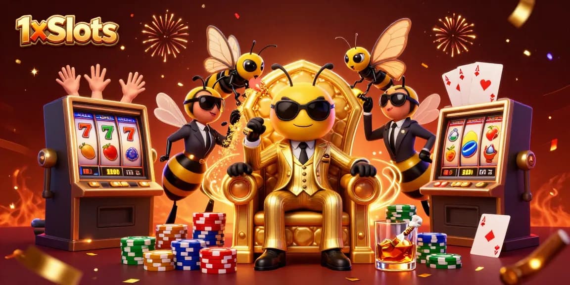Experience 1xSlots with vibrant characters around slot machines and poker elements.