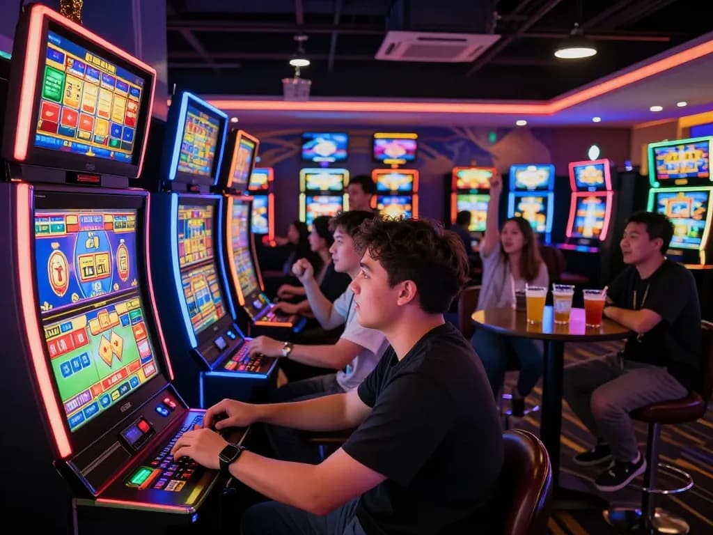 Exciting gaming lounge scene highlighting wraungtoto slot machines with players engaged.