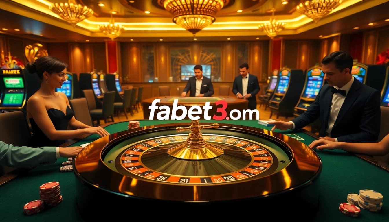 Players enjoying a thrilling game at fabet3.com casino, featuring a vibrant roulette table and elegant dealer.