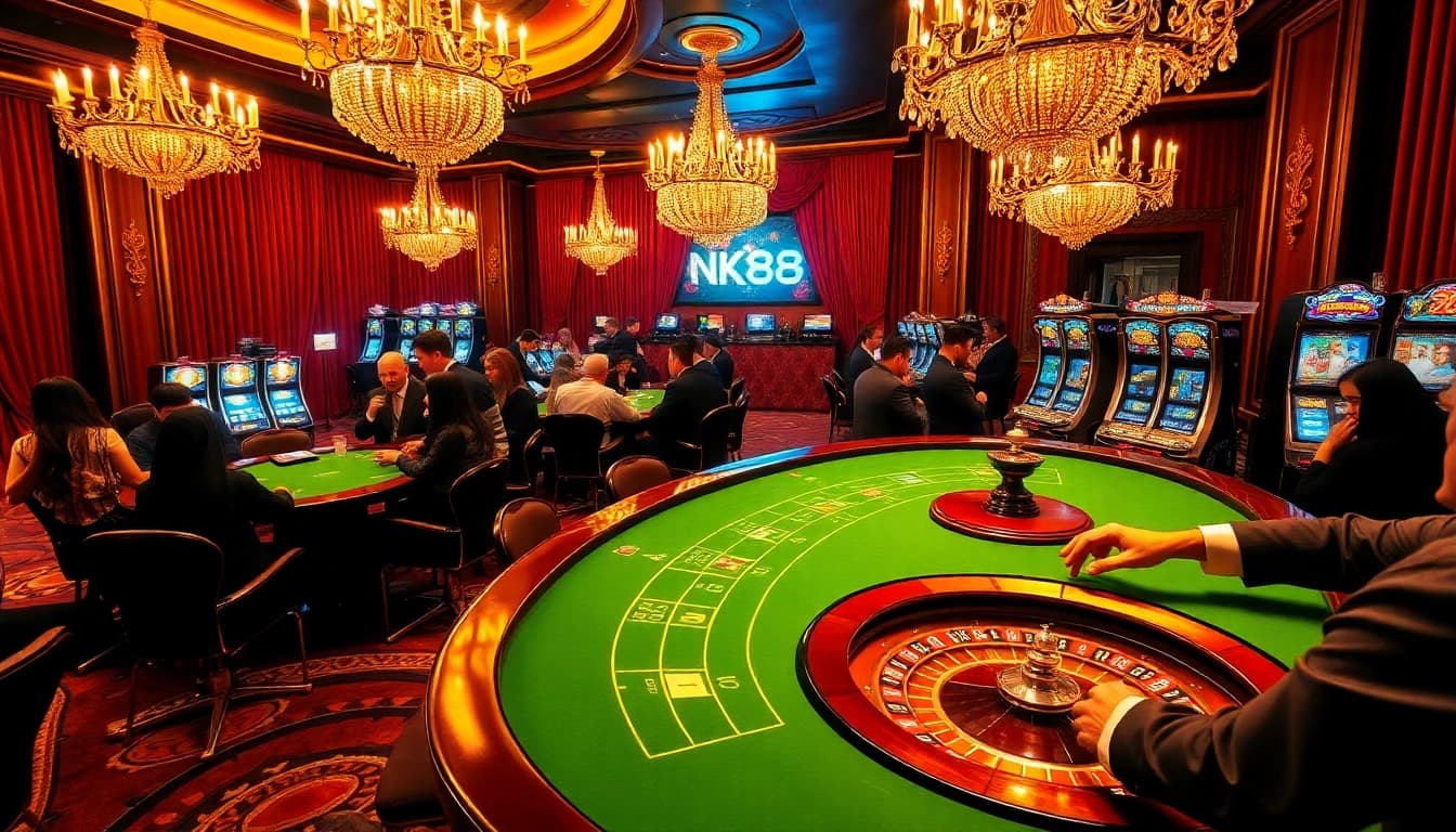 Players engaging at a luxurious casino table, highlighting the NK88 experience and vibrant gambling atmosphere.