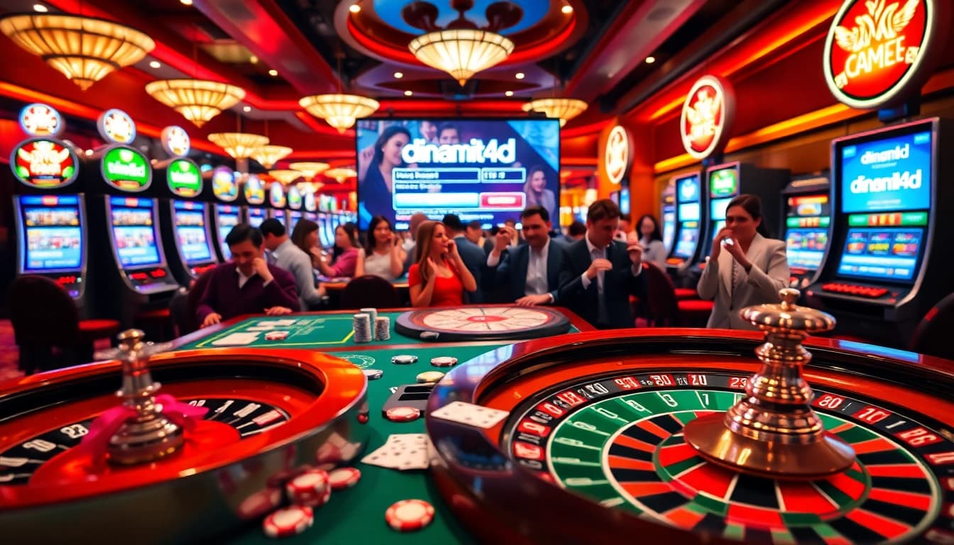 Experience the thrill of gaming with dinamit4d, showcasing vibrant casino tables and excited players.