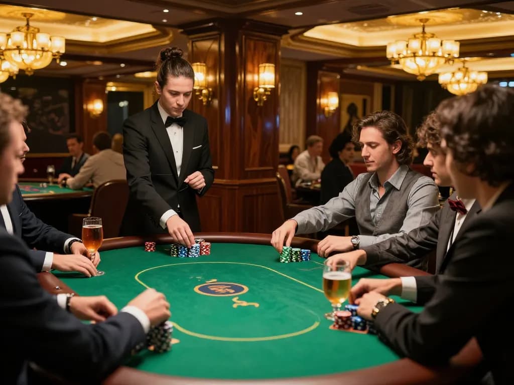 SBOBET players strategizing in an upscale VIP poker area, showcasing excitement and luxury.