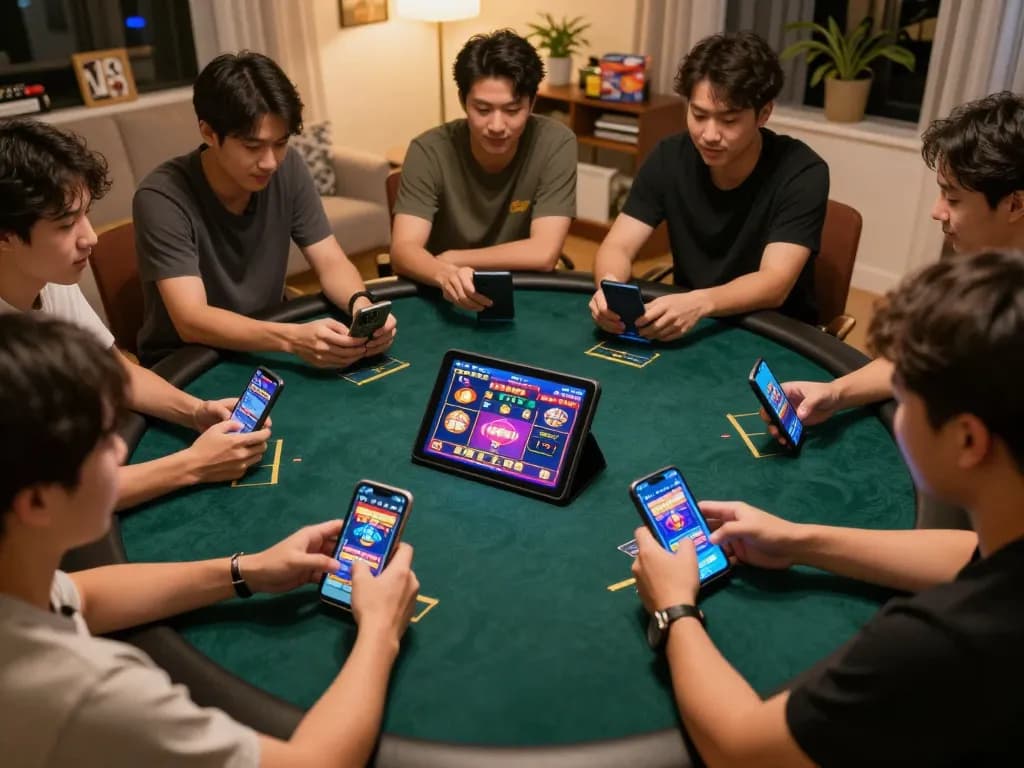 Players enjoying online gambling on uu88 casino app in a cozy home atmosphere, engaging with vibrant game graphics.