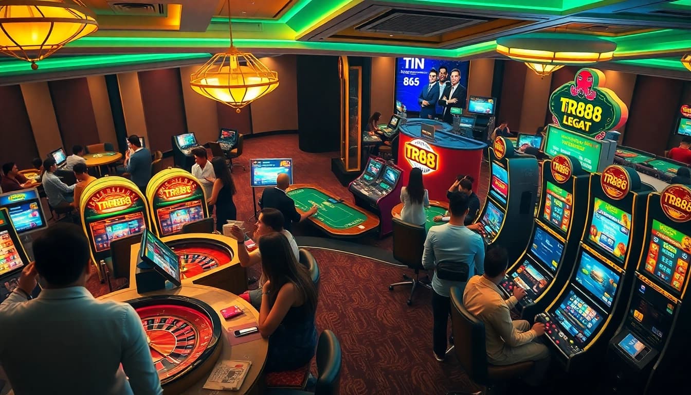 Engaged players enjoying the exciting TR88 online gaming environment with roulette and slot machines illuminated in vibrant colors.