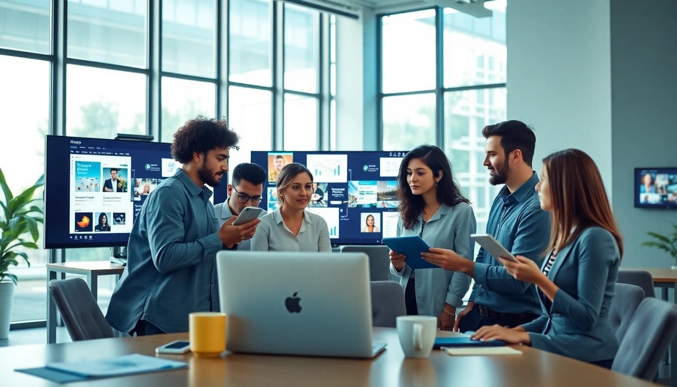 Engaging social media marketing services in a collaborative office environment.