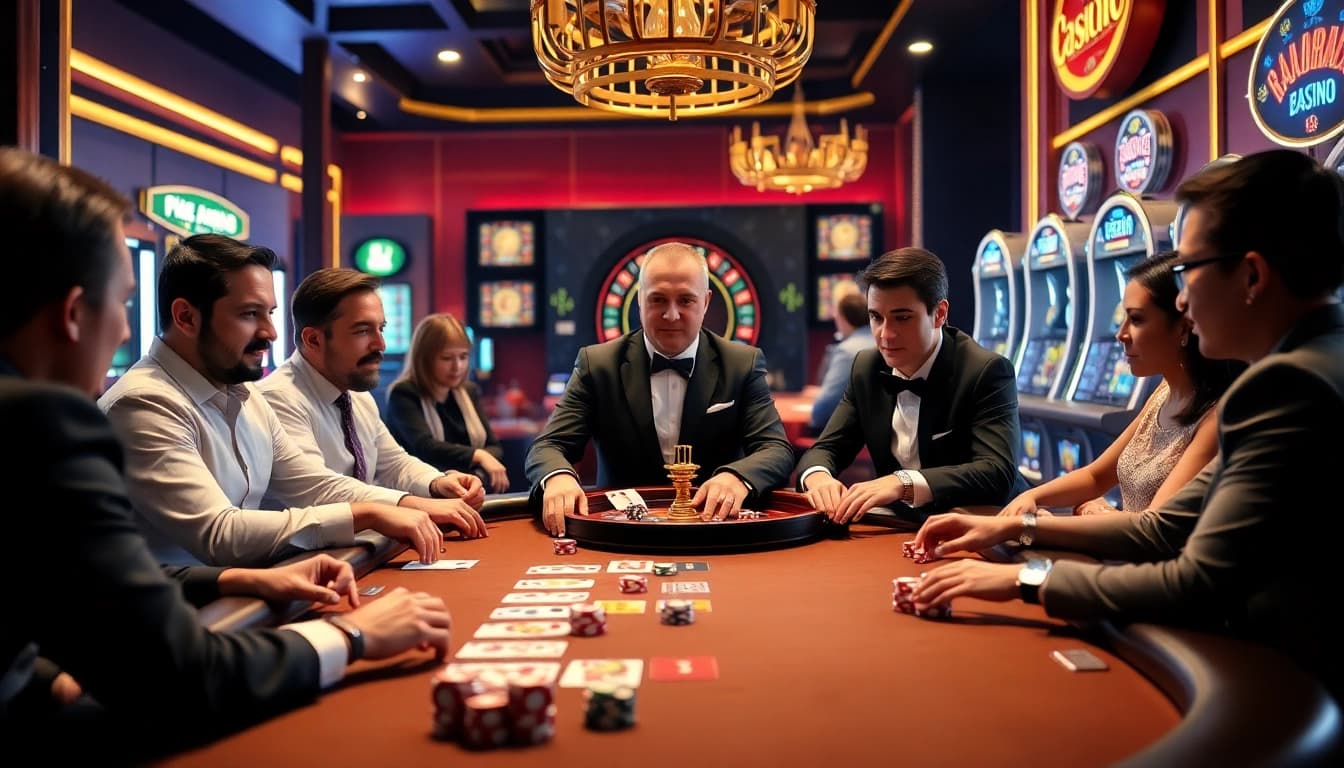 A vibrant casino scene featuring players at the table with cards and chips, embodying the excitement of nhà cái 33win.