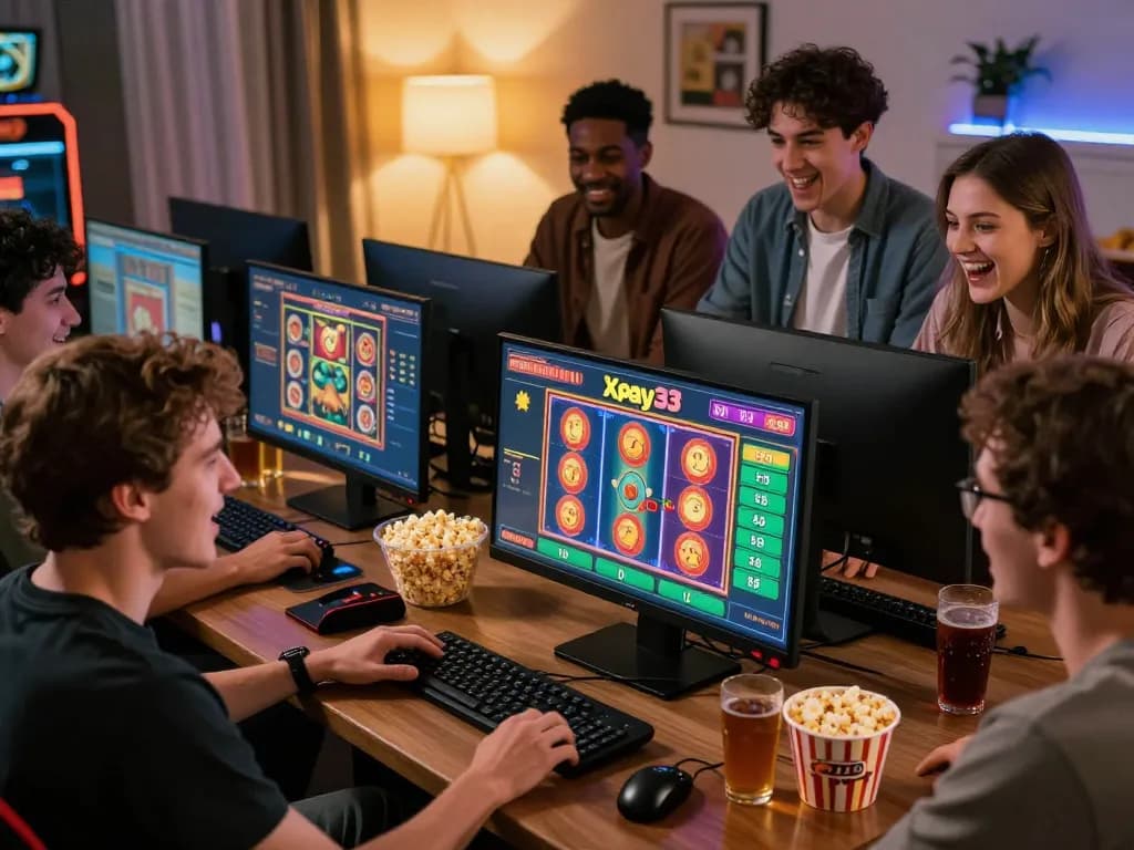 Xpay33 bonuses excitement in a lively online casino setting with friends enjoying gaming