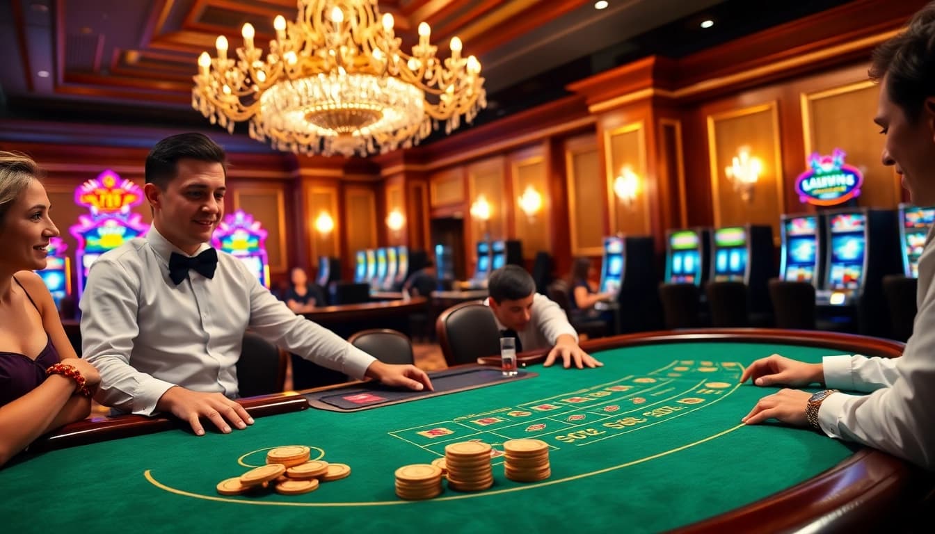 Players enjoying high-stakes blackjack at an elegant casino table with LC 88 chips.