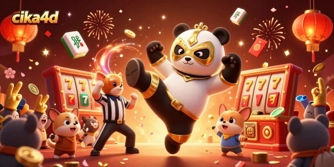 Experience the excitement of cika4d with a dynamic scene featuring a professional wrestler panda and animal spectators amidst slot reels.