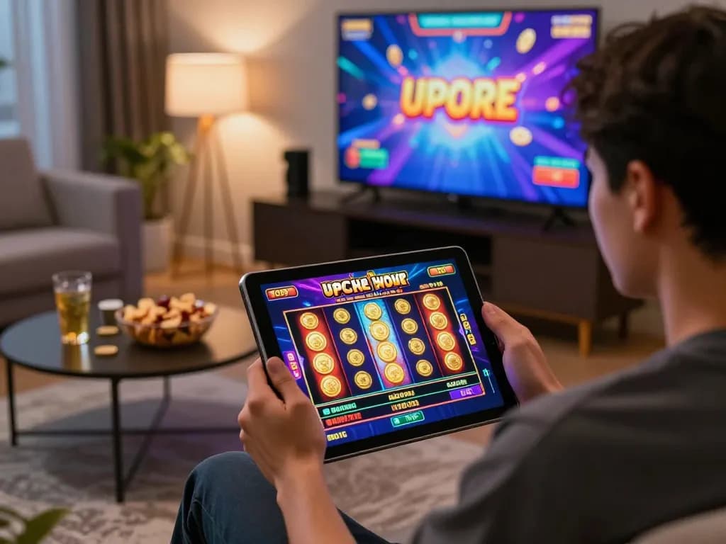 situs slot gacor pengguna menikmati pengalaman permainan slot online di ruang tamu yang cerah