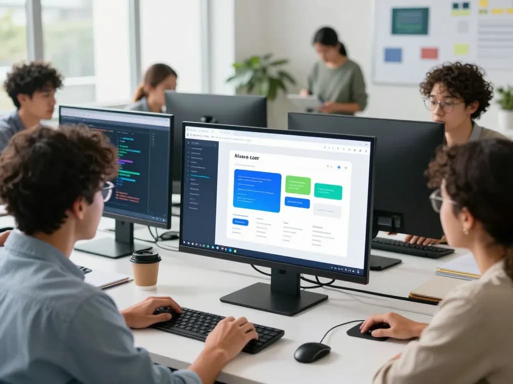 AI no code website developer collaborating in a modern workspace.