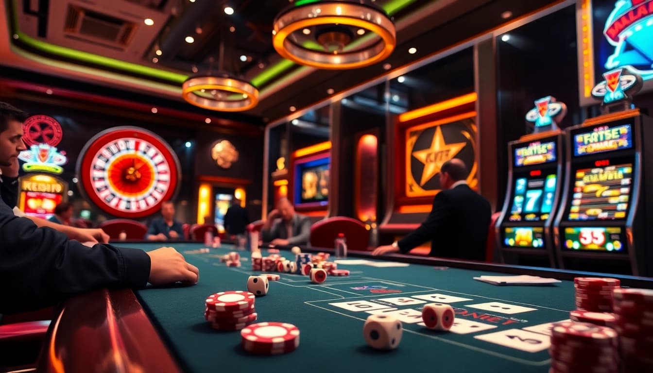 Players enjoying a thrilling game at KK55 casino, featuring vibrant poker chips and an elegant roulette wheel.