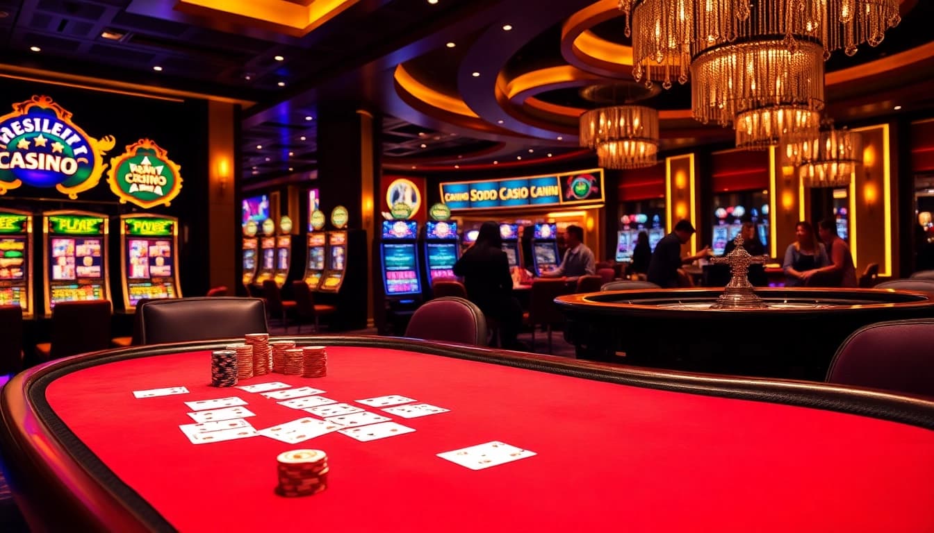 SODO CASINO showcases an elegant poker setup with vibrant slot machines and a roulette wheel.