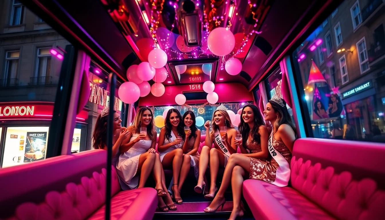 Party bus hire for hen nights London with stylish decor and joyful celebration.