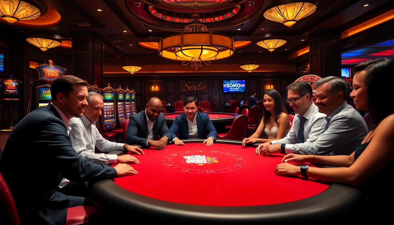 Engage in thrilling gameplay at SODO Casino's upscale poker table surrounded by excitement.