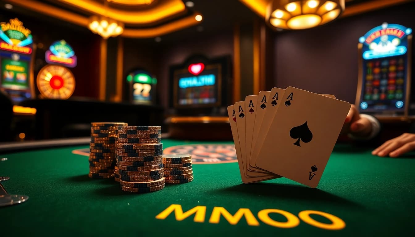 Players engaging in MMOO poker strategy at a luxurious casino table.