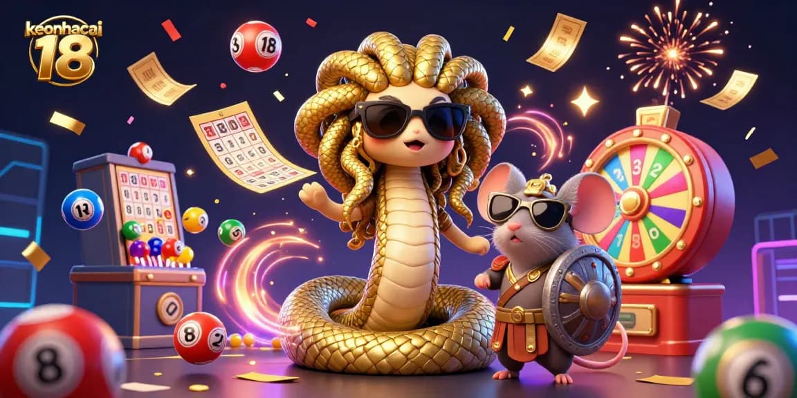 Engage with keonhacai 18's vibrant lottery scene featuring Medusa and a warrior mouse amidst dynamic gaming elements.