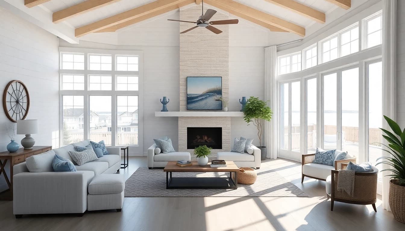Cape Cod home showcasing a sunny family room with coastal decor and large windows.
