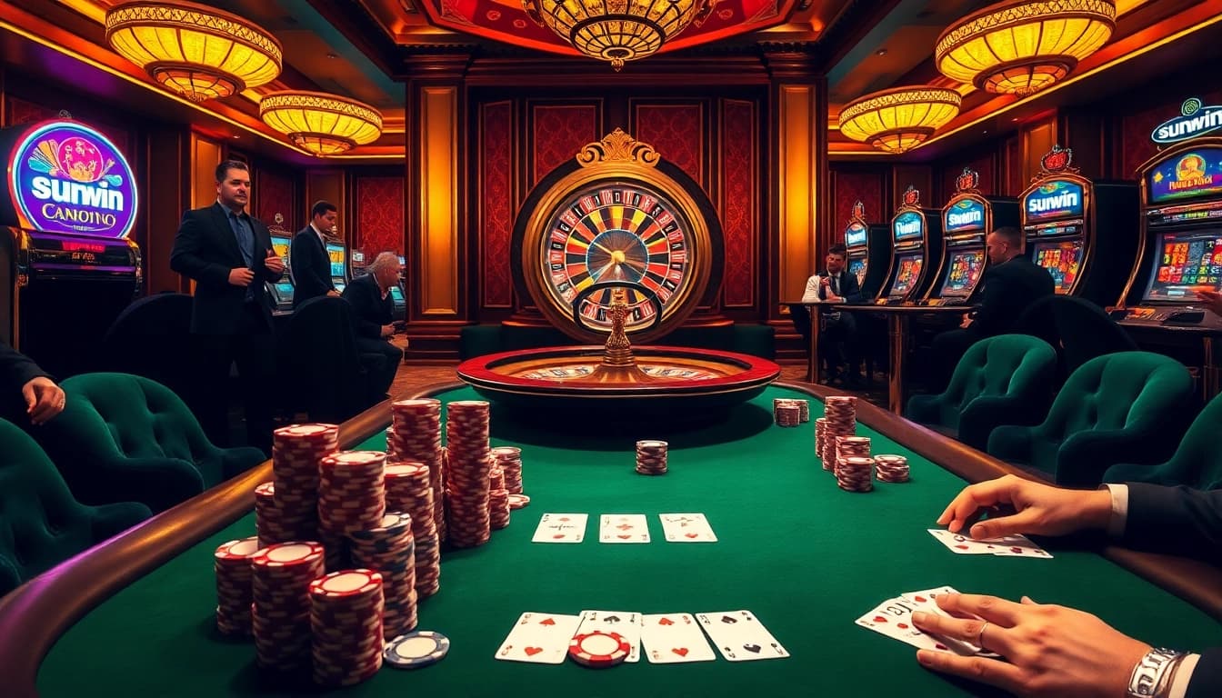 Engaging high-stakes poker game with sunwin branding, showcasing excitement and luxury.