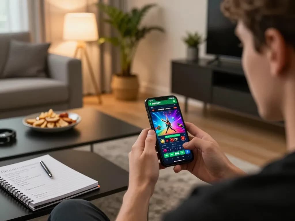 SBOBET app user engaging in mobile gaming while enjoying a cozy living room setup