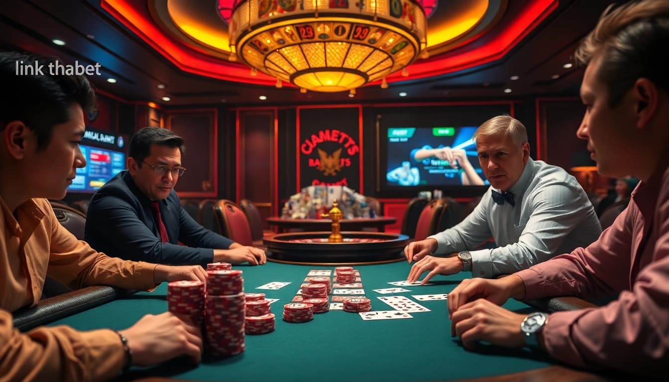 Exciting poker action at Thabet casino, showcasing players, chips, and roulette.