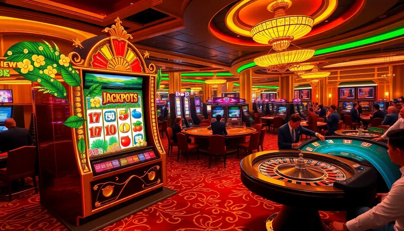 Engage with dynamic MV88 sound in a lavish casino scene, showcasing thrilling slot machines and excited players.