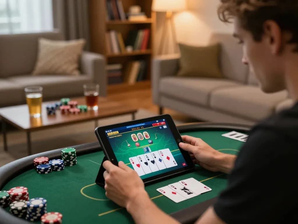 CM88 player engaged in online poker game on tablet at home, highlighting strategic gameplay.