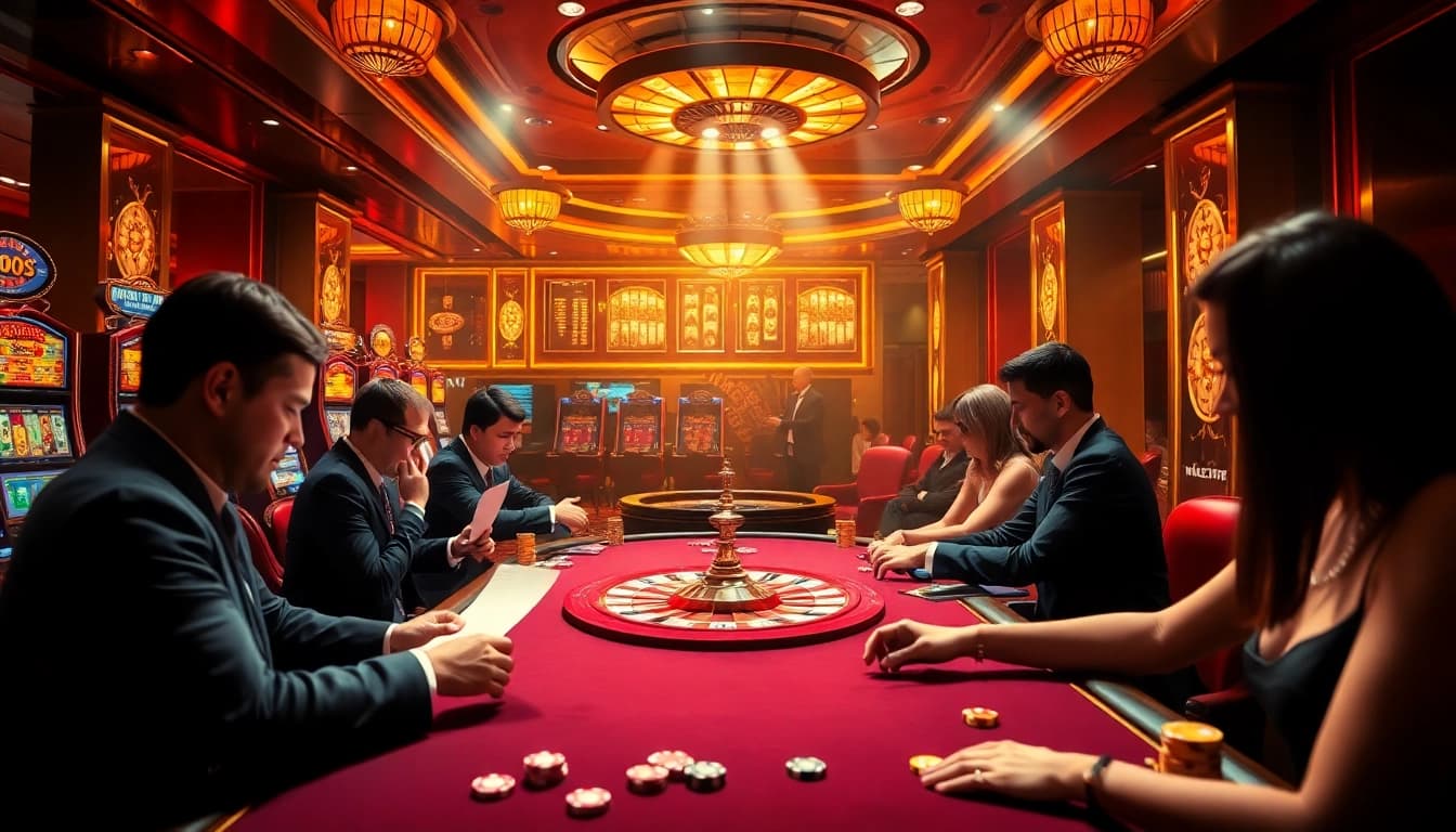 Experience the excitement of the k9k9 game with vibrant casino elements like poker tables and roulette wheels.