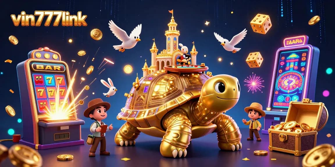 Win big at vin777link with an enchanting casino scene featuring a golden tortoise and thrilling game elements.