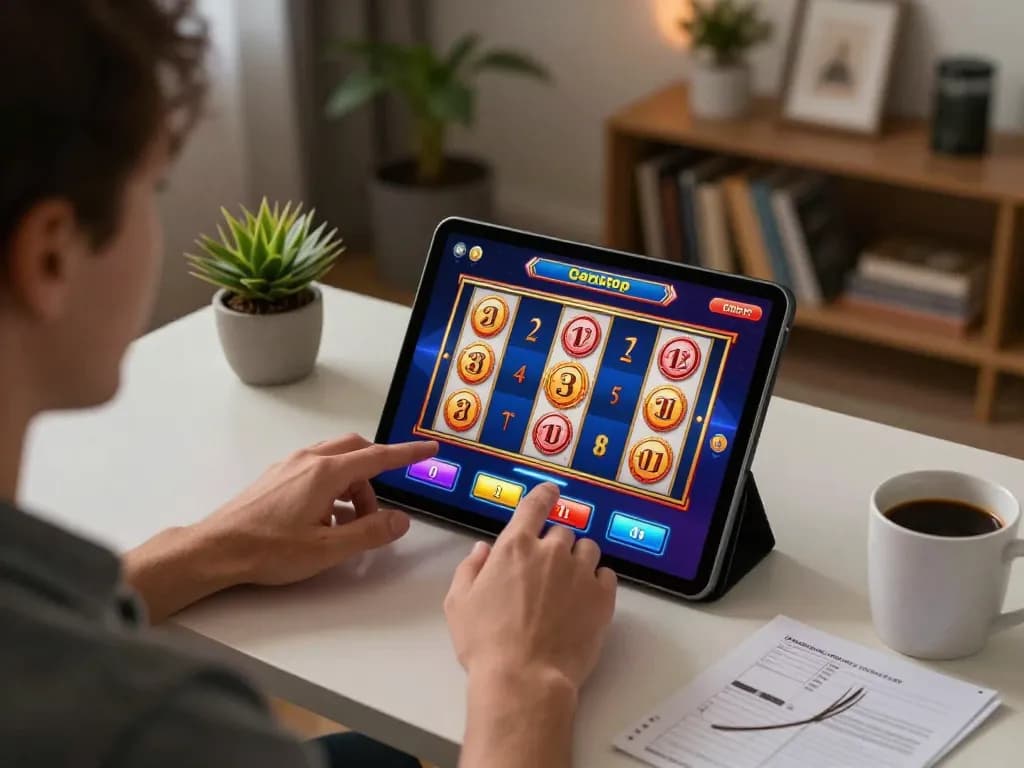 Player enjoying online slots on tablet, highlighting excitement from sites not on gamstop.