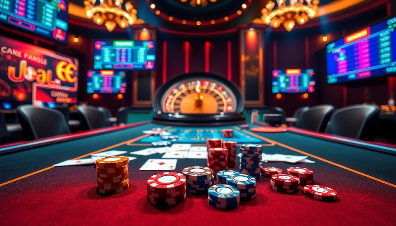 Experience the excitement of uu88 with a high-stakes casino gaming scene filled with vibrant tables and engaged players.