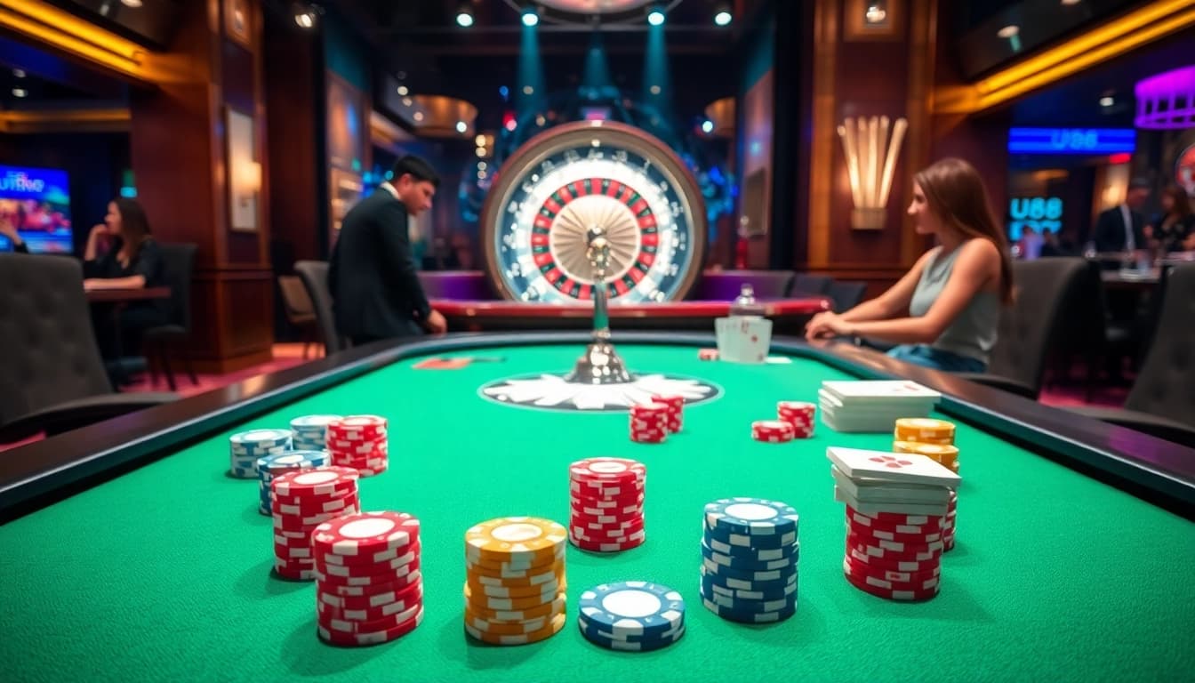 Experience the thrill of U888 gaming with exciting casino tables and vibrant poker chips.