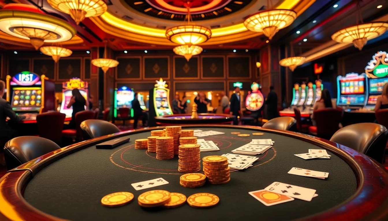 Experience thrilling gambling action on https://vaoluoitv.it.com with a luxurious casino scene showcasing poker, roulette, and slot machines.