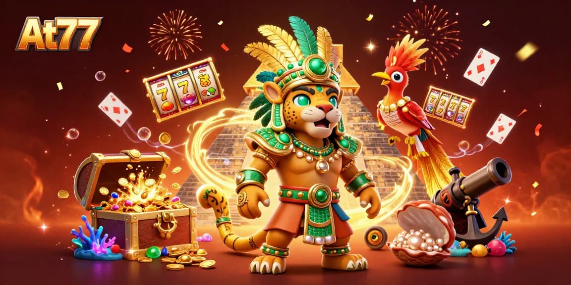 Engage with At77's vibrant gaming scene featuring a Mayan priest and slot elements.