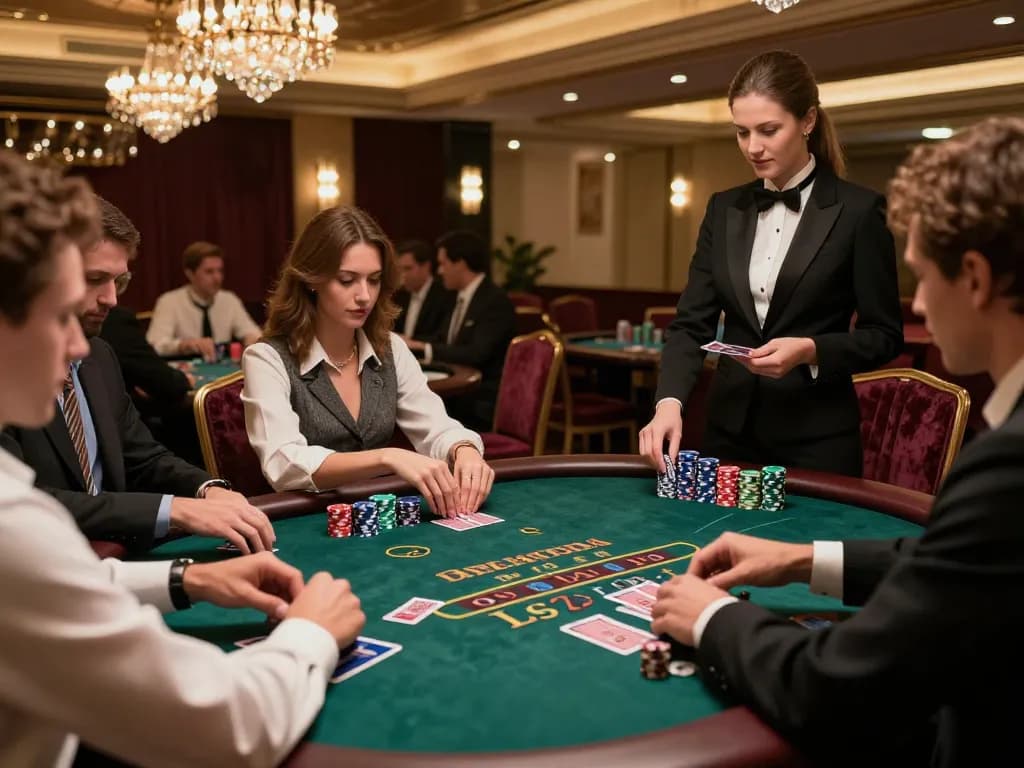 Players strategizing at blackjack tables in a premium casino, representing the thrill of https://rr88.center/ gaming experience.