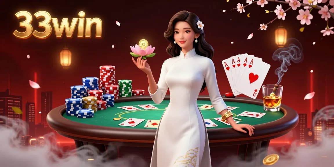Experience thrilling gameplay with 33win, showcasing a stunning Asian woman among vibrant poker elements and casino atmosphere.